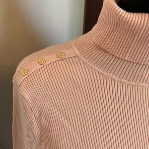 Calvin Klein Ribbed Mock Neck Sweater with Gold Shoulder Buttons - Blush Pink M